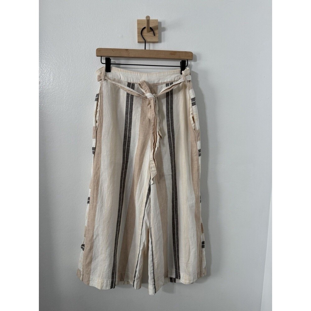Anthropologie Womens Linen Blend Capri Pants Slip Wide Leg Cropped Pant M Stripe - Picture 2 of 6